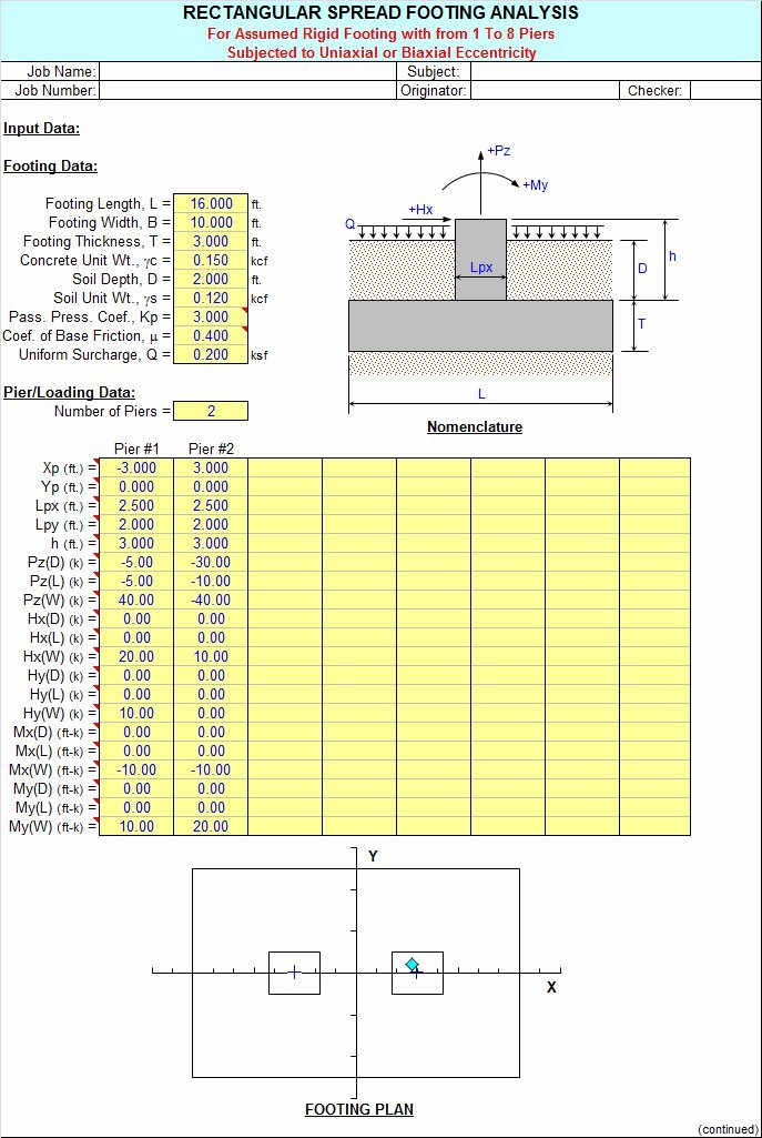 FOOTINGS - Rectangular Spread Footing Analysis Spreadsheet