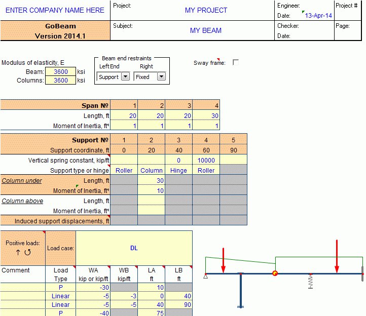 GoBeam - Continuous Beam Analysis for Excel Spreadsheet