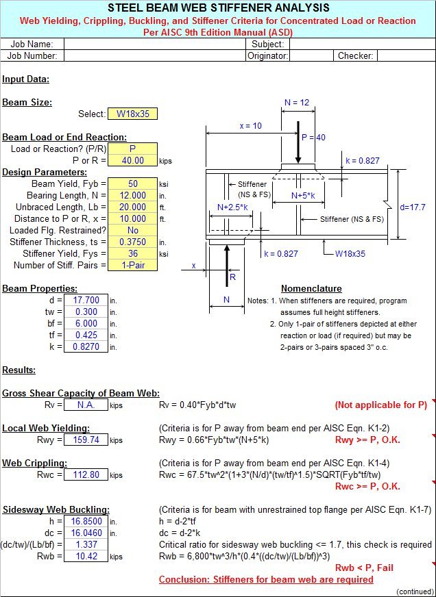 STIFFNER - Steel Beam Web Stiffener Analysis Spreadsheet